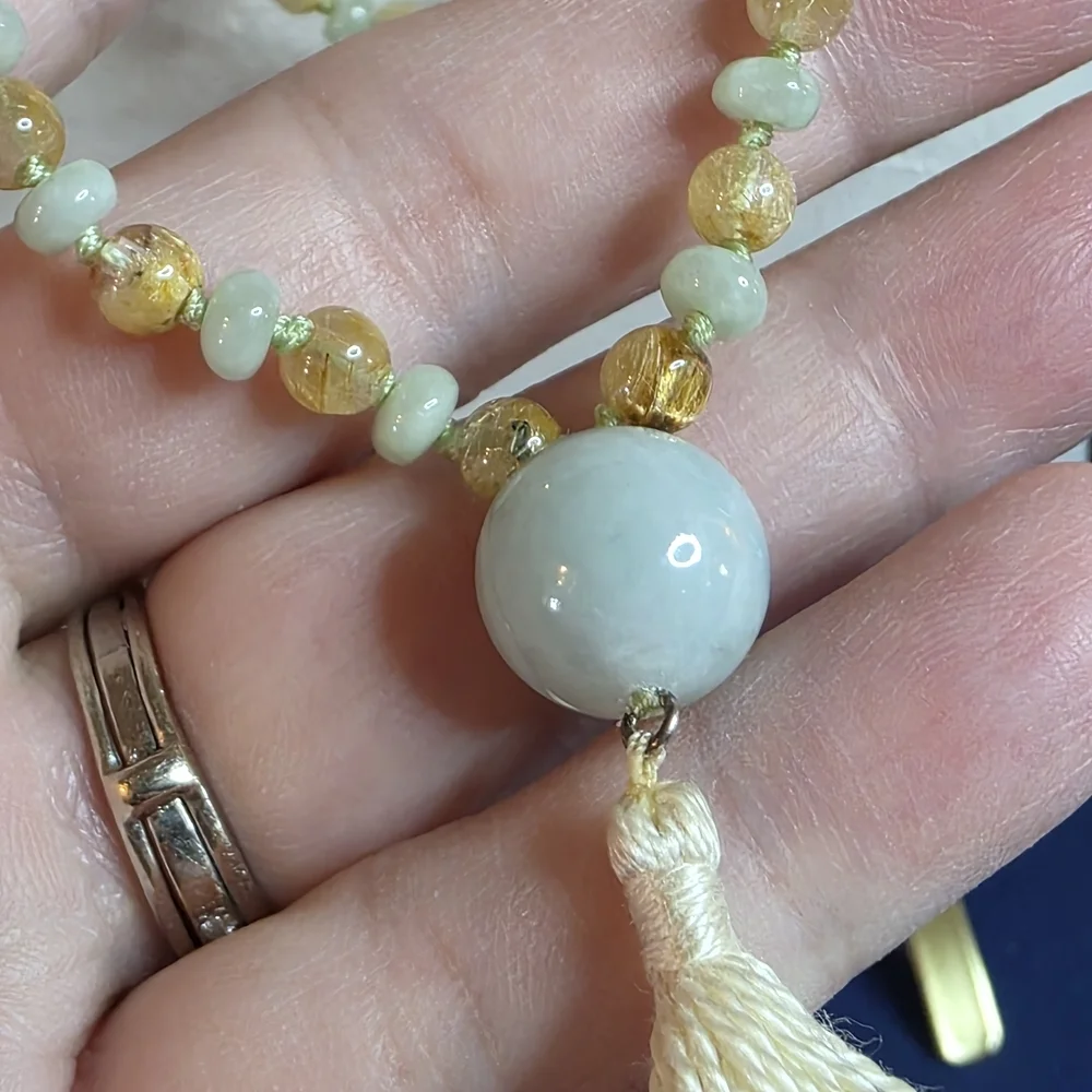 Golden Rutilated Quartz & Jade Tassel Necklace Hand Knotted 672